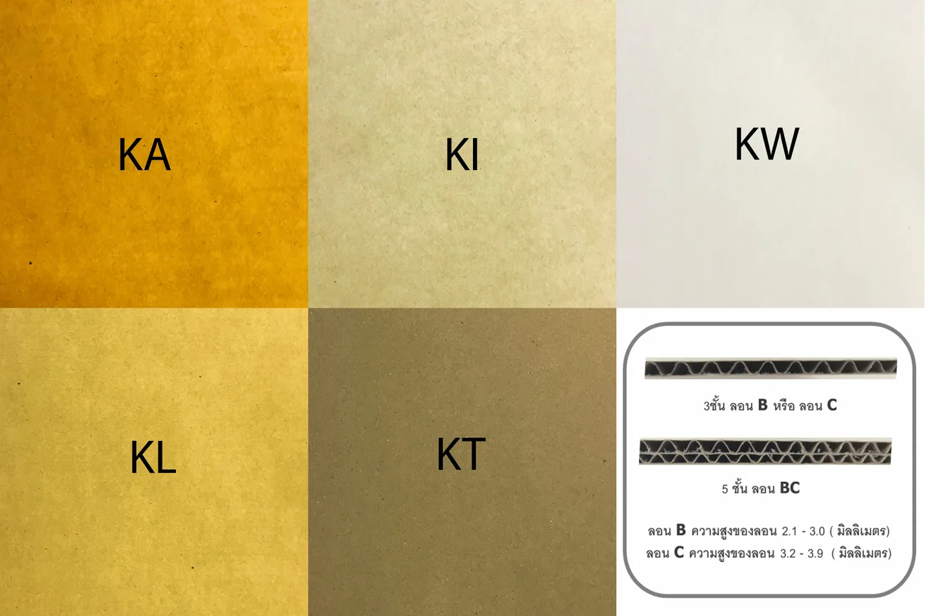 ตัวอย่างสีผิวกระดาษ KA KI KL KT KW และโครงสร้างลอน 3 ชั้น 5 ชั้น